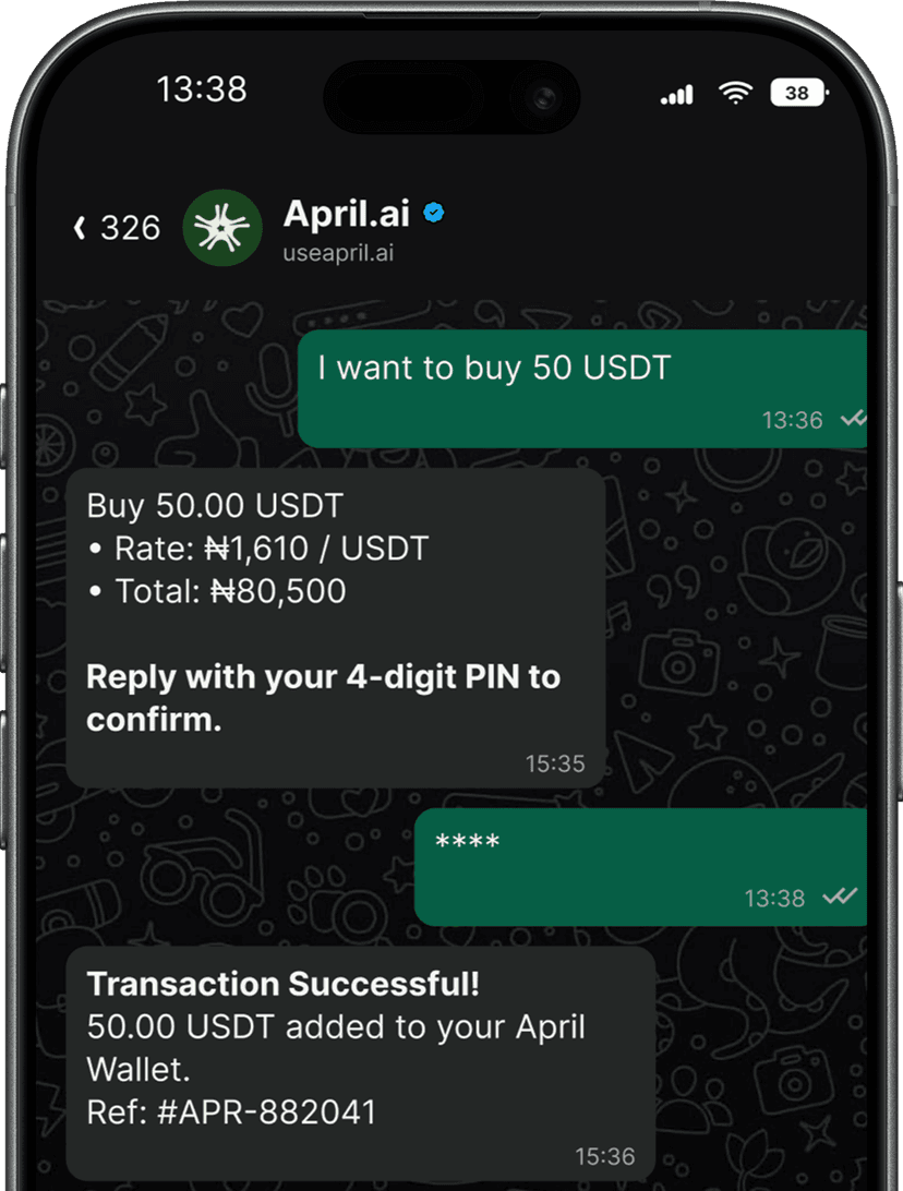 Convert naira to USDT without leaving the chat.